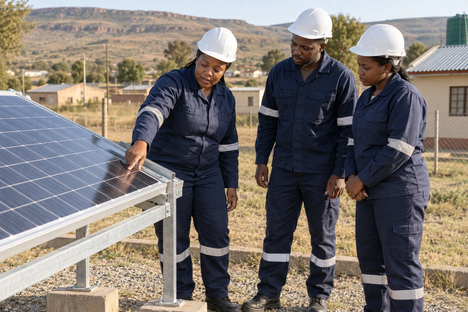 Illustrative solar skills training session with technicians beside photovoltaic panels.