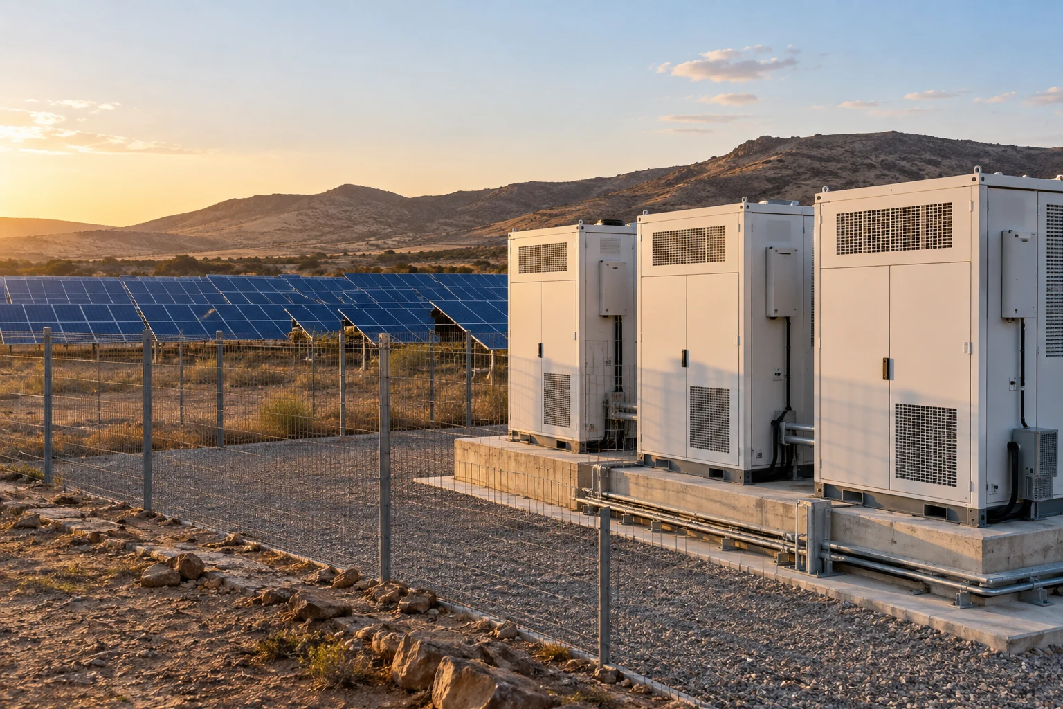 Illustrative solar panels and battery energy storage units in a South African landscape.